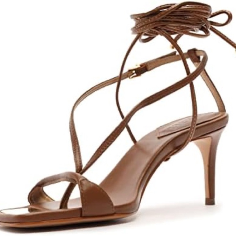 SCHUTZ Women's Vikki Lo T-Strap Lace Up Heeled Sandal, Brown, Size 7.5